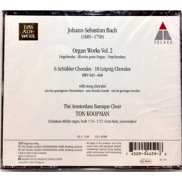 🦋 Bach: Organ Works Vol. 2 Teldec USA 1995 2 Disc UPC 745099445928 SEALED Promo - Picture 2 of 4
